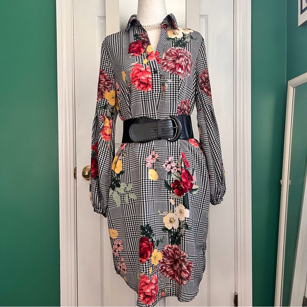Spence Black/White Herringbone Plaid with Vibrant Florals Dress 4 NWT - Picture 2 of 13